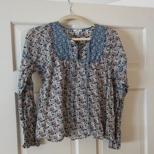 Anthropologie Blue and Cream Floral Blouse